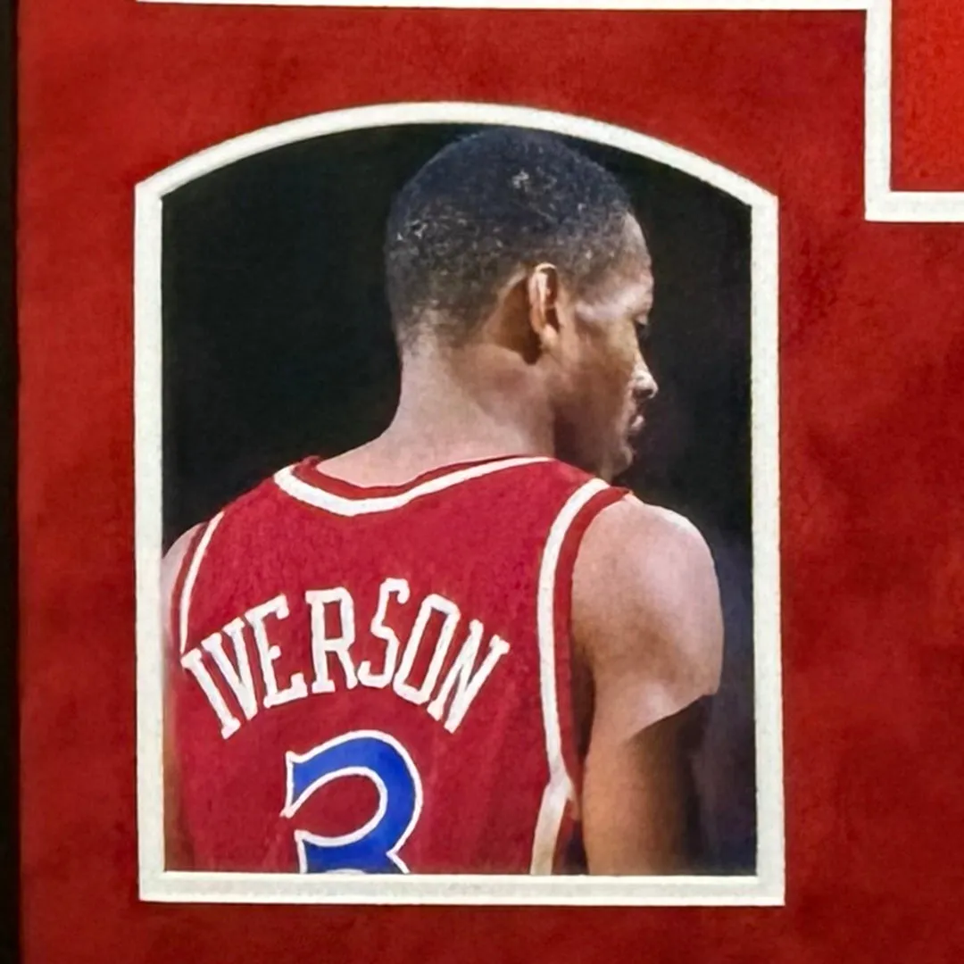 Allen Iverson Signed Philadelphia Red Custom Suede Matte Framed Basketball Jersey (JSA)