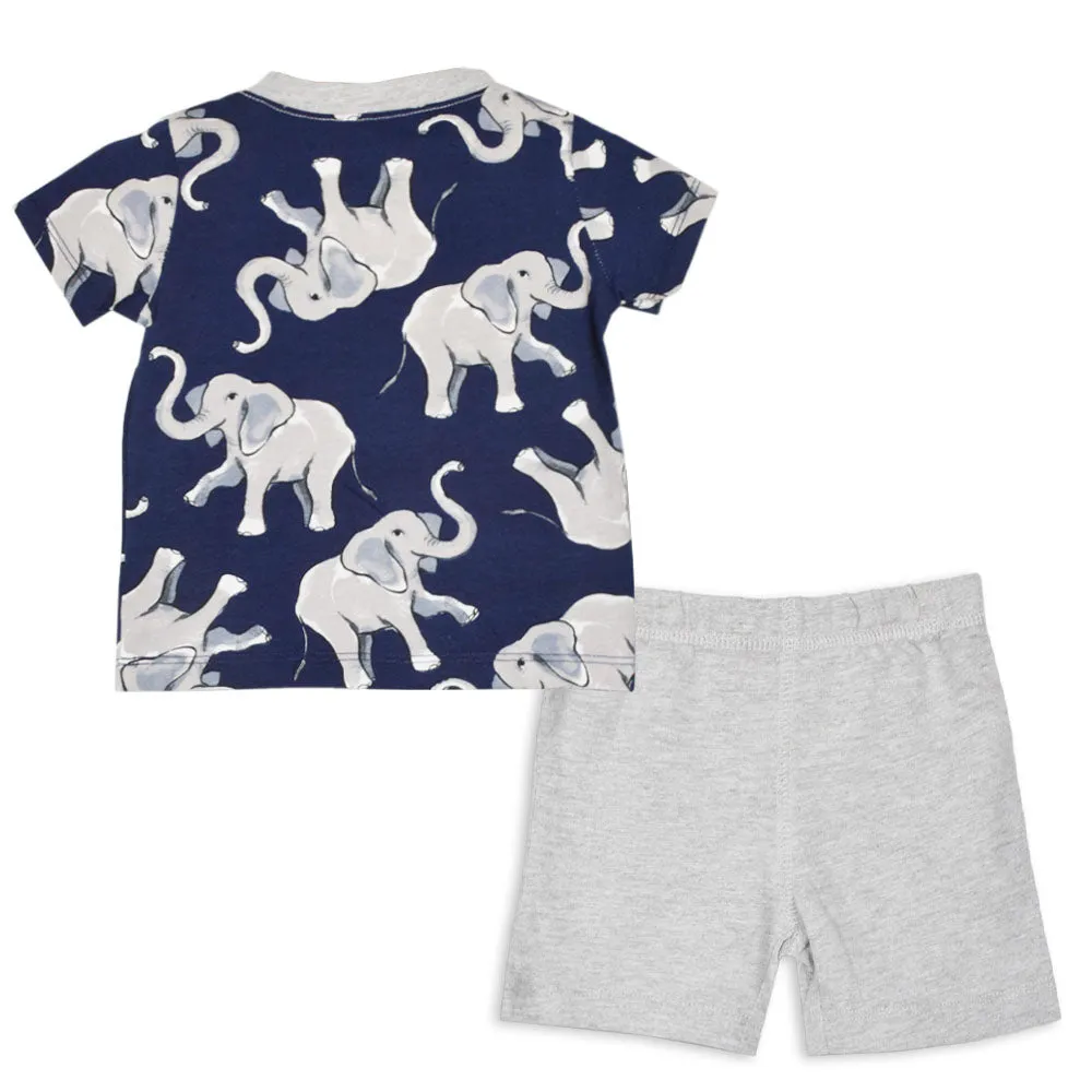 Animal Applique T-Shirt With Shorts- White & Blue