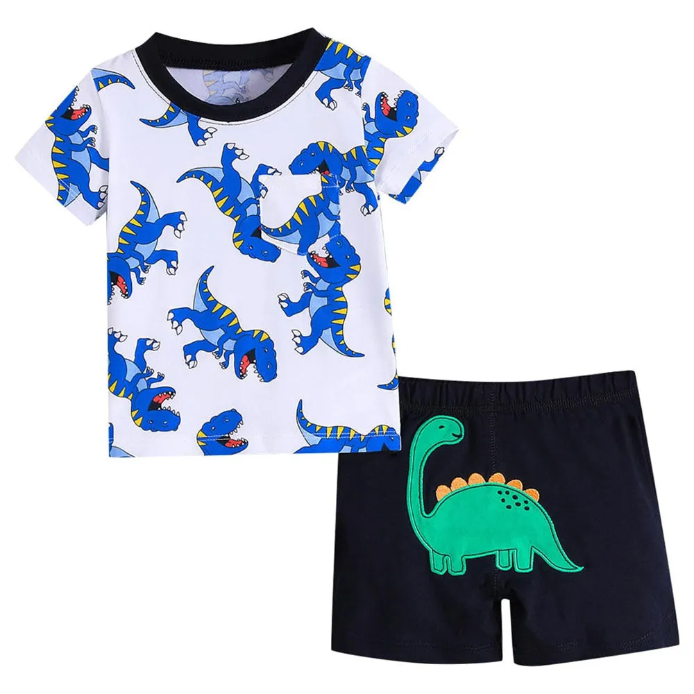 Animal Applique T-Shirt With Shorts- White & Blue