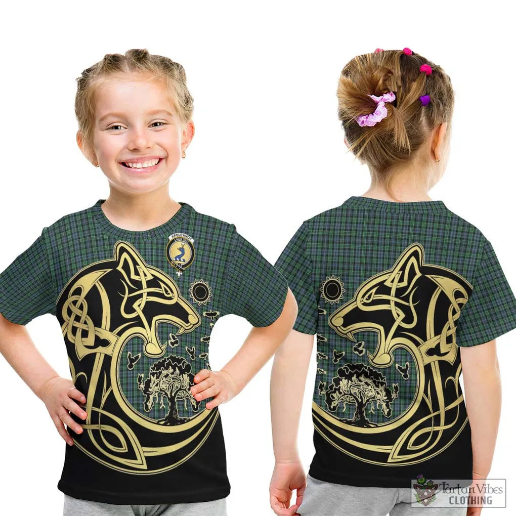 Arbuthnot Tartan Kid T-Shirt with Family Crest Celtic Wolf Style