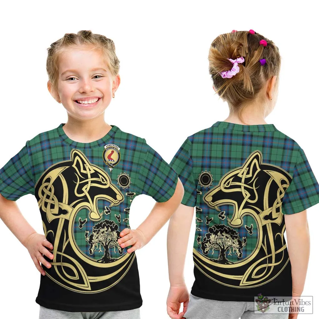 Armstrong Ancient Tartan Kid T-Shirt with Family Crest Celtic Wolf Style