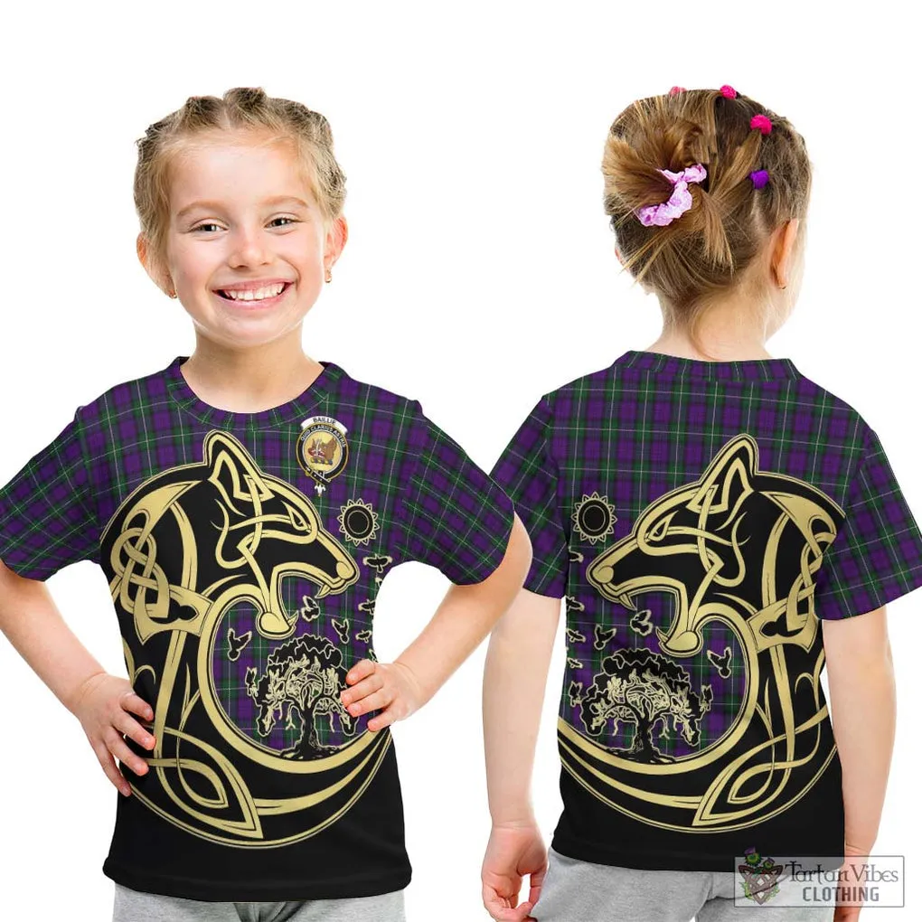 Baillie Highland Society Tartan Kid T-Shirt with Family Crest Celtic Wolf Style