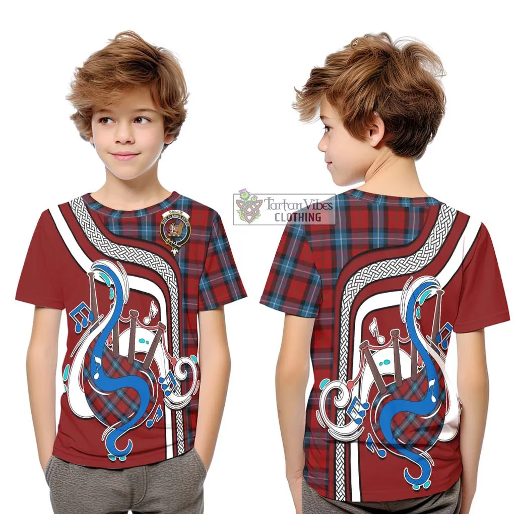 Baillie of Polkemmet Red Tartan Kid T-Shirt with Epic Bagpipe Style