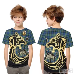 Baird Ancient Tartan Kid T-Shirt with Family Crest Celtic Wolf Style