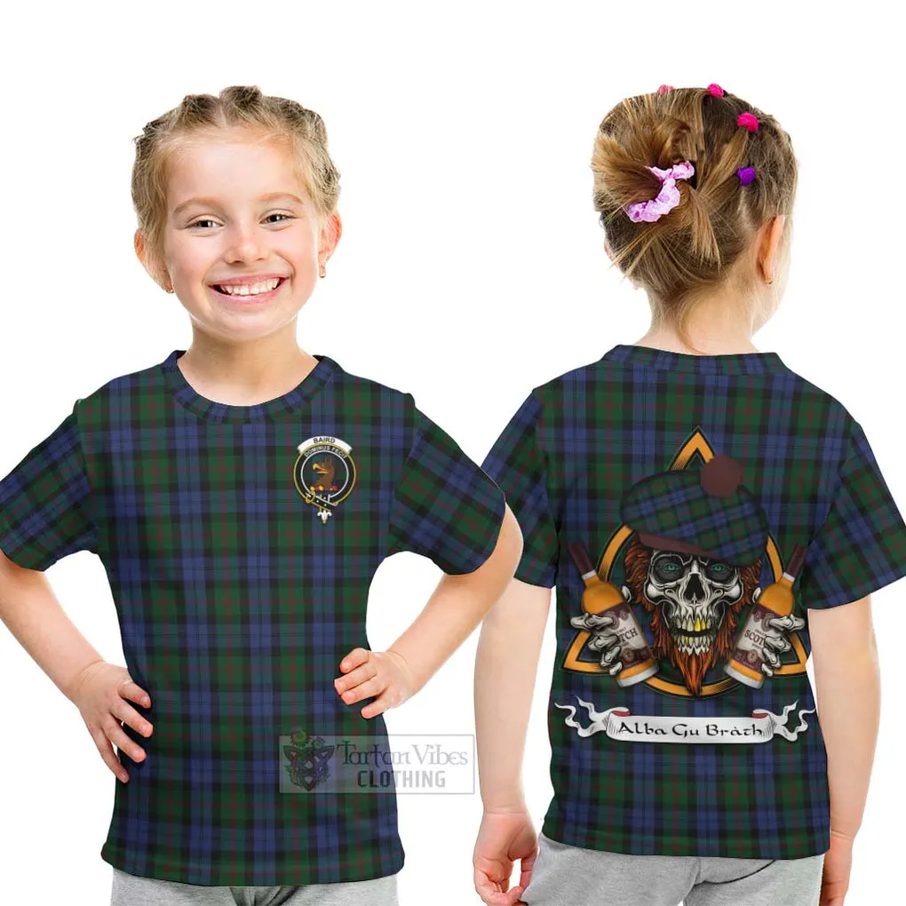 Baird Tartan Kid T-Shirt with Family Crest and Bearded Skull Holding Bottles of Whiskey