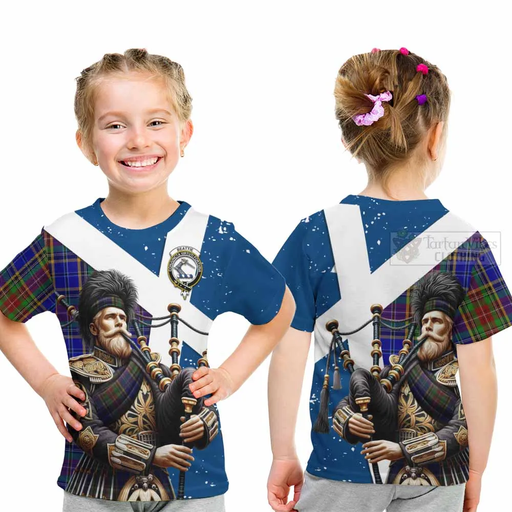 Beattie (Beatty) Tartan Kid T-Shirt with Family Crest Scottish Bagpiper Vibes