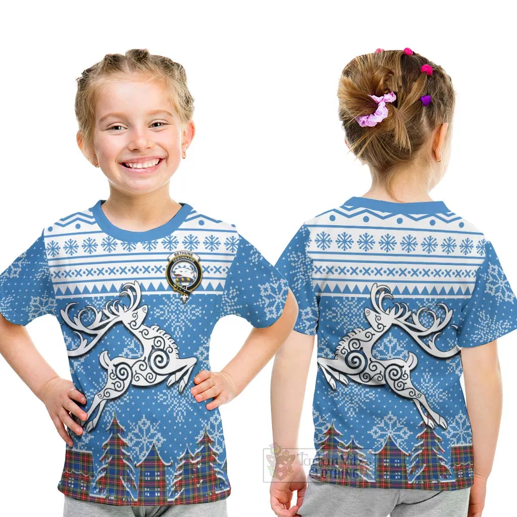 Bethune Clan Christmas Kid T-Shirt Celtic Reindeer Style