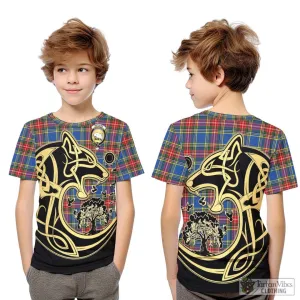 Bethune Tartan Kid T-Shirt with Family Crest Celtic Wolf Style