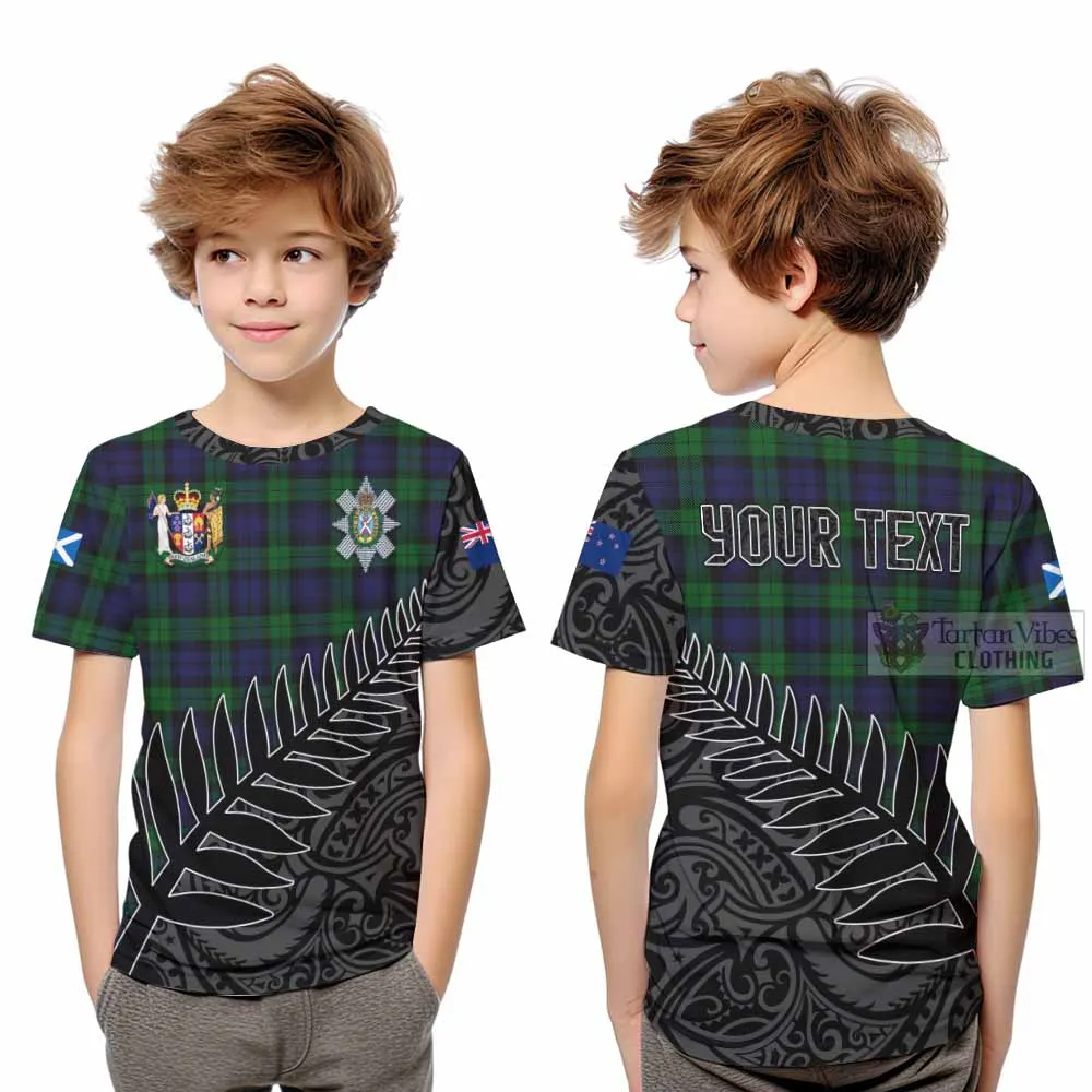 Black Watch Crest Tartan Kid T-Shirt with New Zealand Silver Fern Half Style