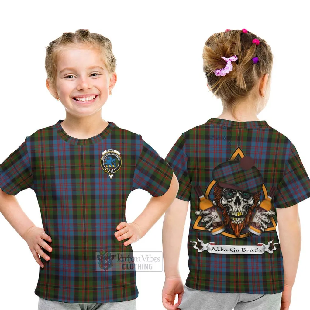 Bowie Tartan Kid T-Shirt with Family Crest and Bearded Skull Holding Bottles of Whiskey