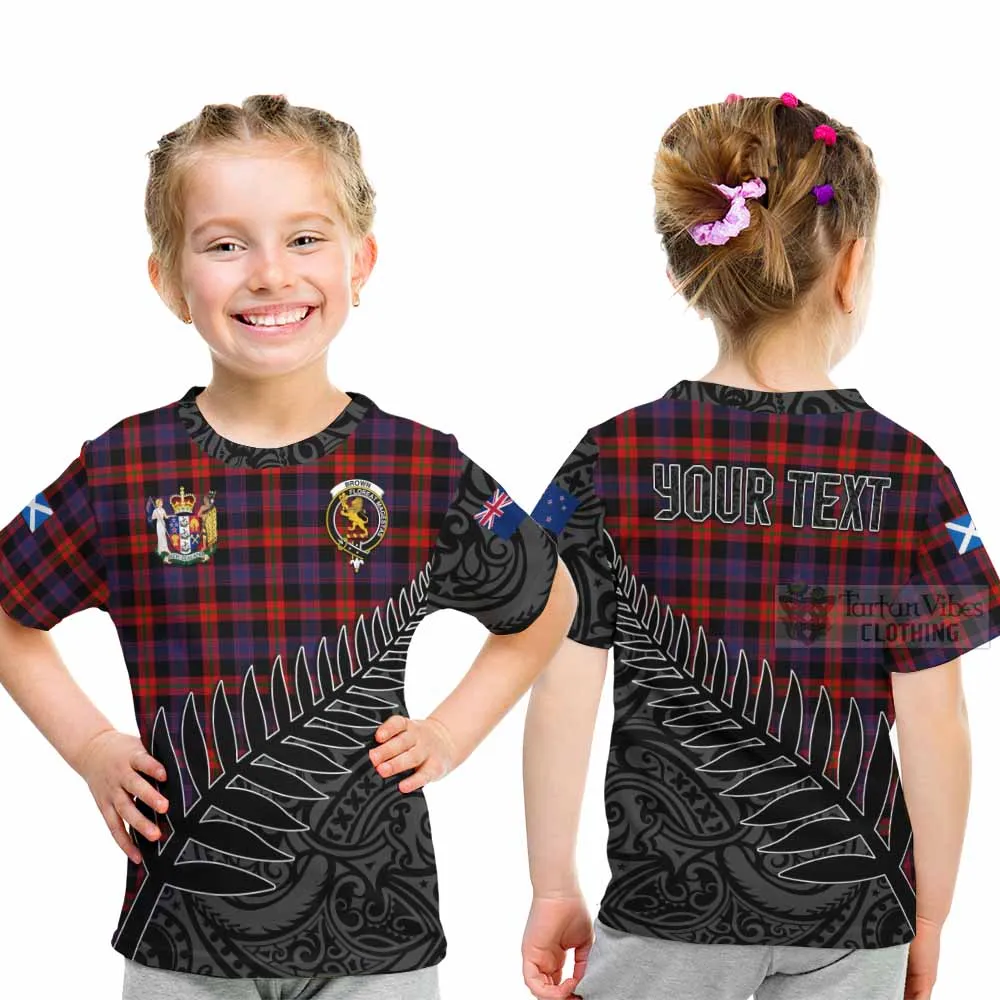 Brown (Broun) Crest Tartan Kid T-Shirt with New Zealand Silver Fern Half Style