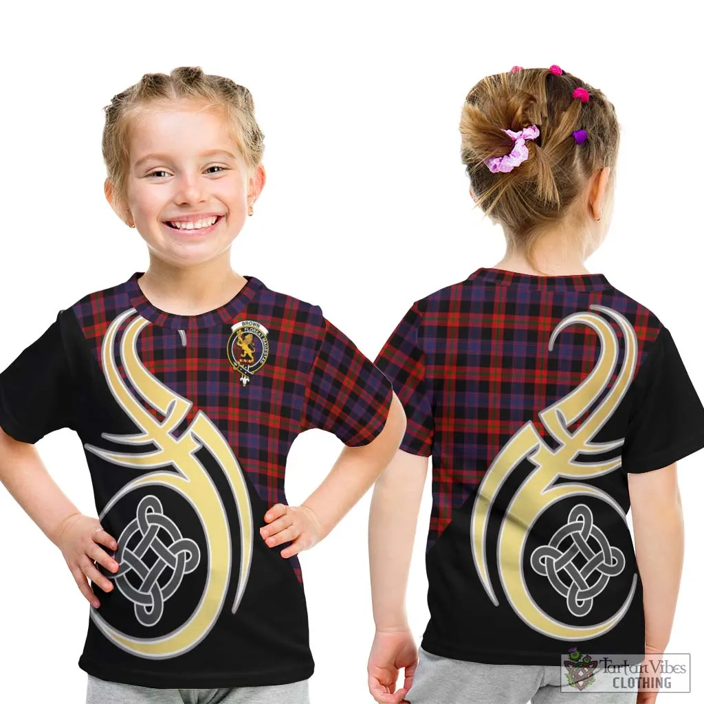 Brown (Broun) Tartan Kid T-Shirt with Family Crest and Celtic Symbol Style