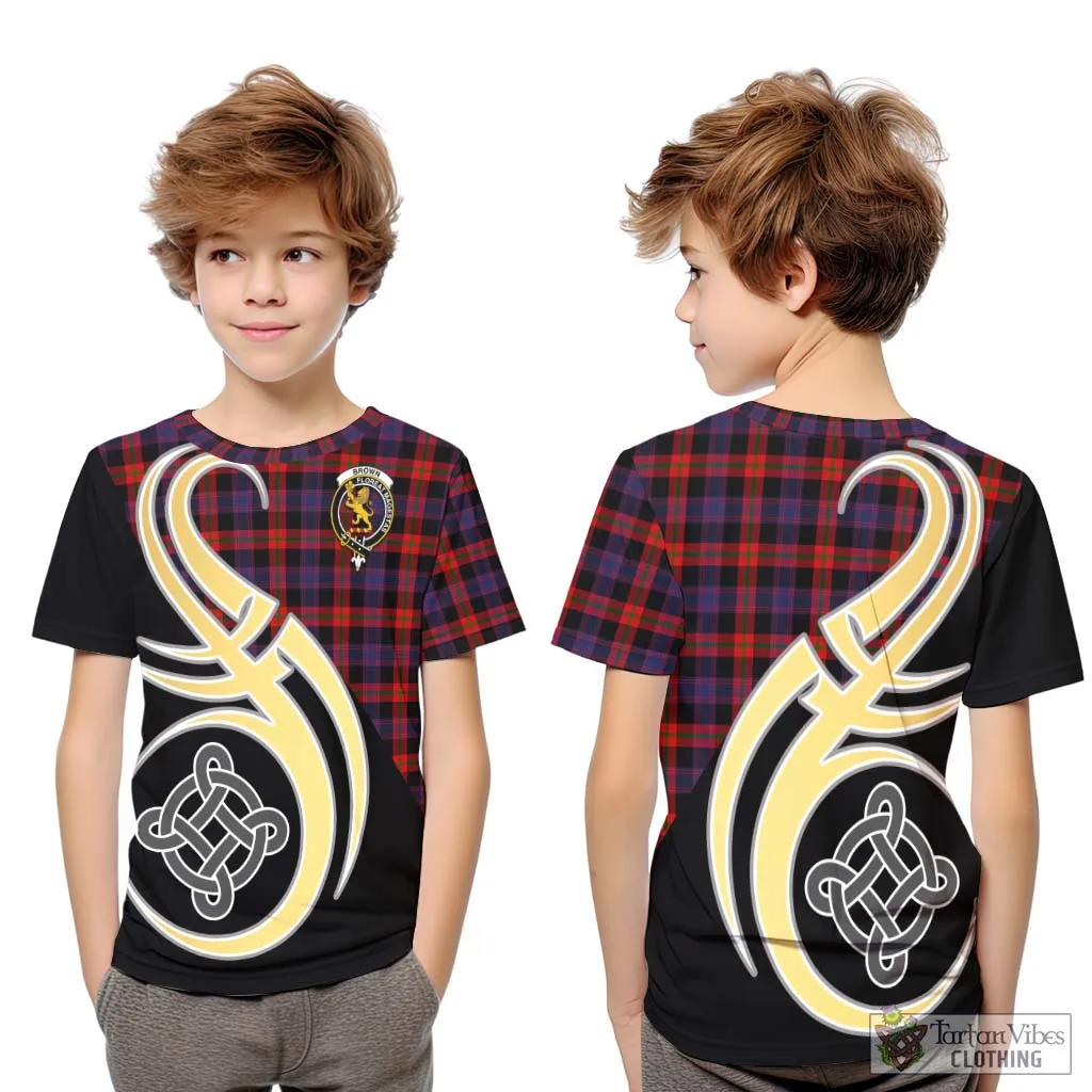 Brown (Broun) Tartan Kid T-Shirt with Family Crest and Celtic Symbol Style