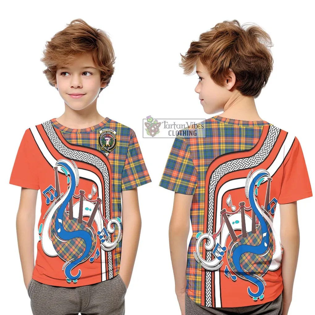 Buchanan Ancient Tartan Kid T-Shirt with Epic Bagpipe Style