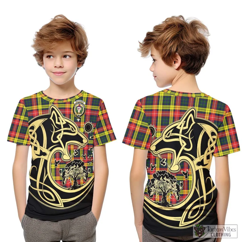 Buchanan Modern Tartan Kid T-Shirt with Family Crest Celtic Wolf Style