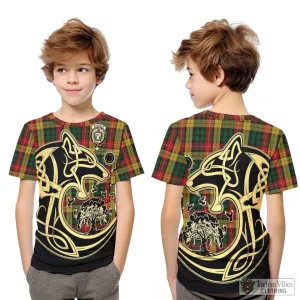 Buchanan Tartan Kid T-Shirt with Family Crest Celtic Wolf Style