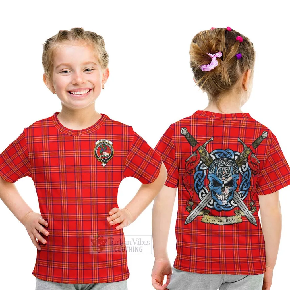 Burnett Tartan Kid T-Shirt with Family Crest Celtic Skull Style