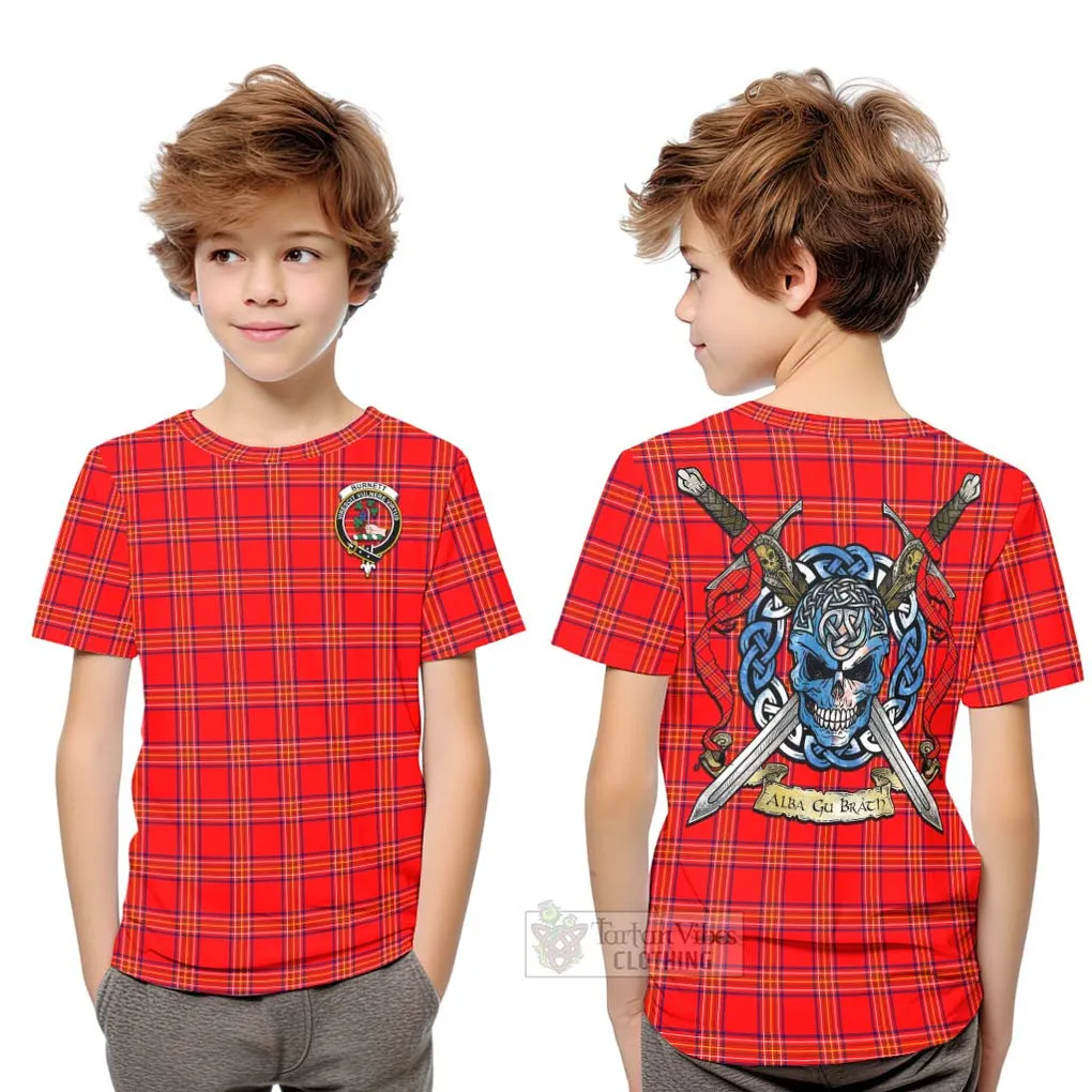 Burnett Tartan Kid T-Shirt with Family Crest Celtic Skull Style