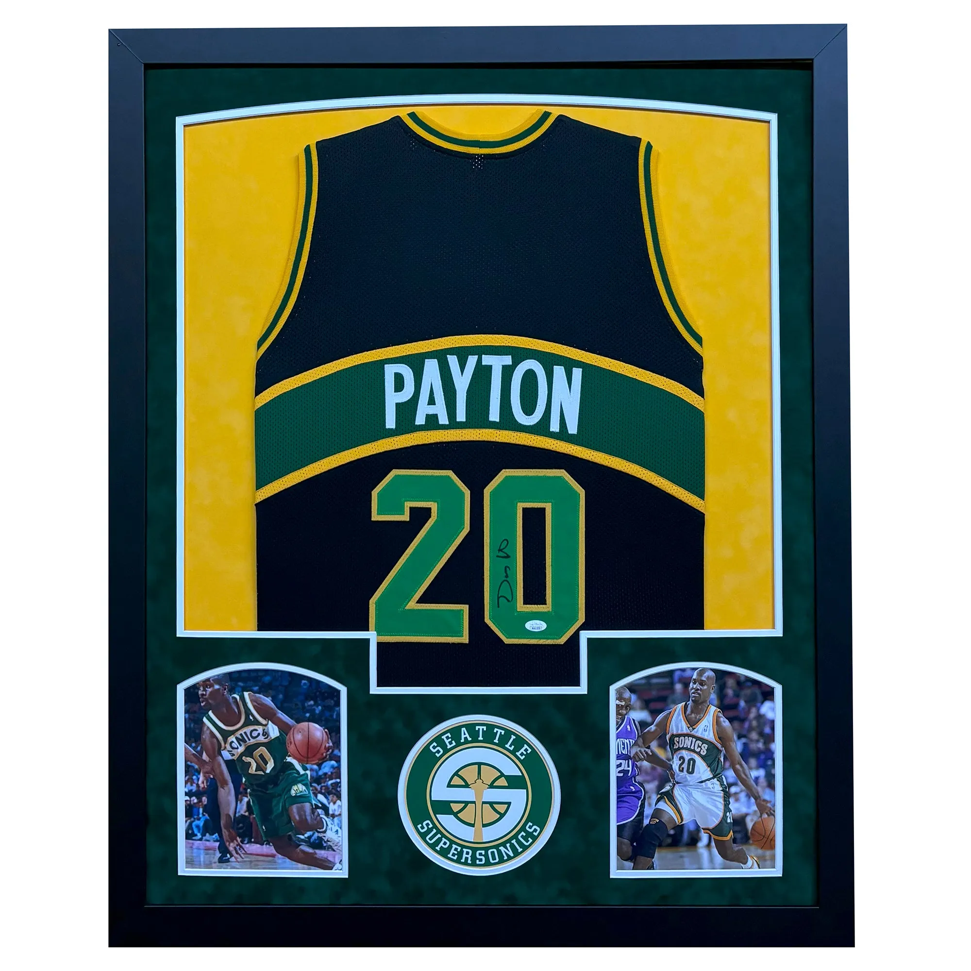 Gary Payton Signed Seattle Black Custom Suede Matte Framed Basketball Jersey