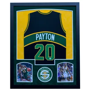 Gary Payton Signed Seattle Black Custom Suede Matte Framed Basketball Jersey