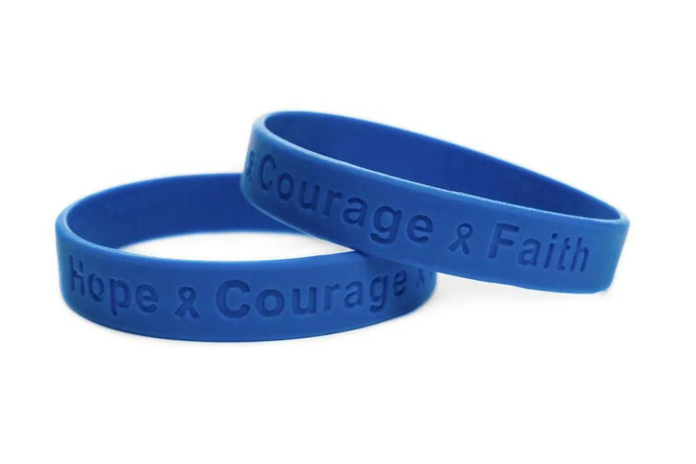 Hope Courage Faith  Blue Rubber Bracelet Wristband  -  Adult 8"