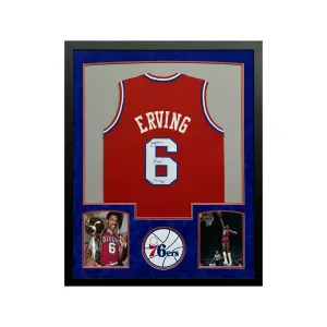 Julius "Dr J" Erving Signed Philadelphia Red Custom Suede Matte Framed Basketball Jersey