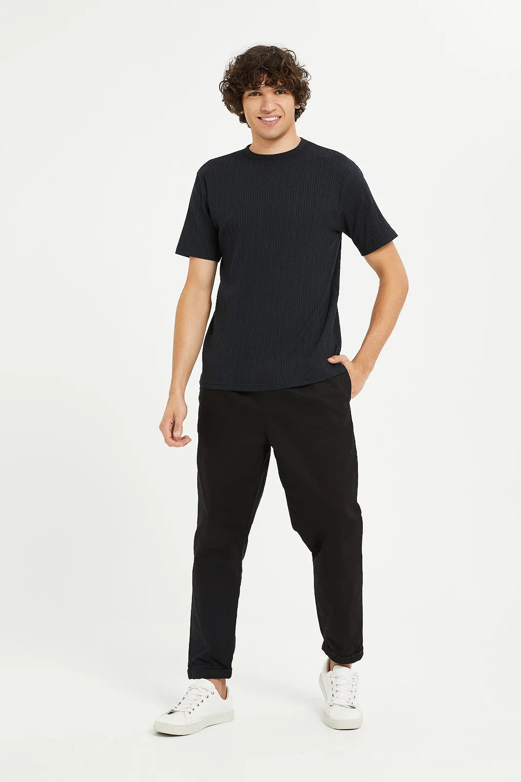 Men Black Stretch Jacquard T-Shirt