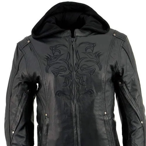 Milwaukee Leather ML2066 Women's 3/4 Black Leather Hoodie Jacket with Reflective Tribal Design