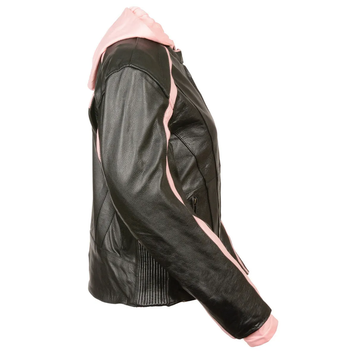 Milwaukee Leather SH1951 Women's Black and Pink Striped Leather Jacket with Zip-Out Hoodie