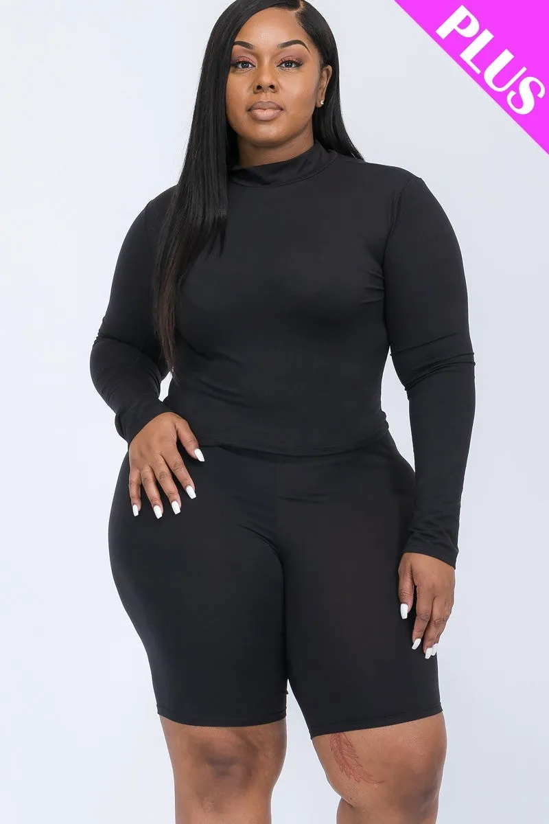 Plus Size Mock Neck Top & Biker Shorts Set