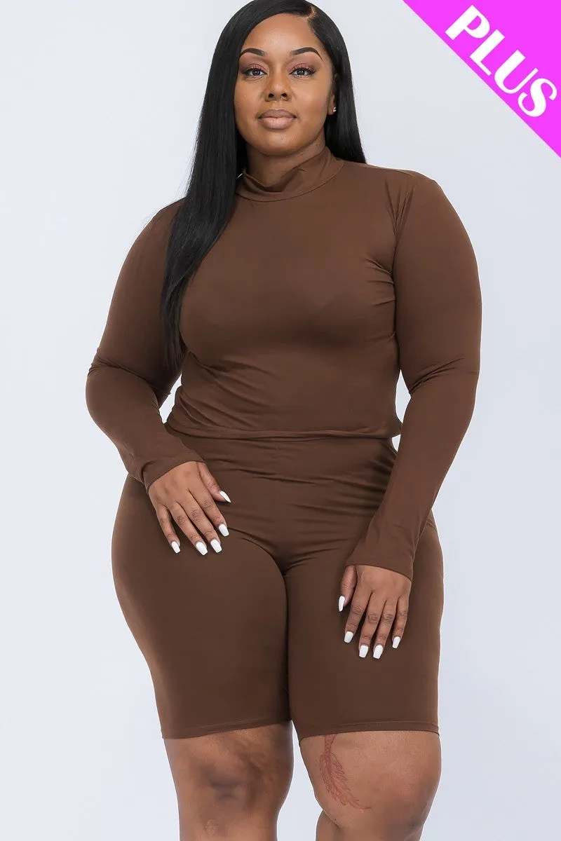 Plus Size Mock Neck Top & Biker Shorts Set