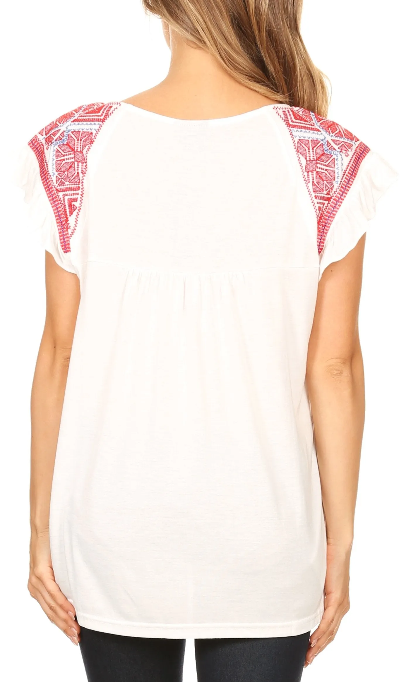 Sakkas Kimi Split Neck Embroidered Top with Flutter Sleeve