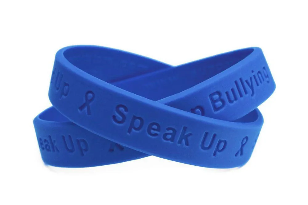 Stand Up - Speak Up - Stop Bullying White Letters Blue Wristband - Youth 7"