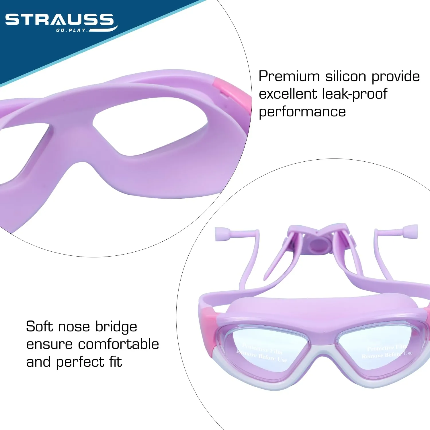 STRAUSS Swimming Goggles | Anti Fog & UV Protection | Swimming Goggles for Kids, Adults | Fully Adjustable Swimming Goggles With A Case Cover,(Purple/White)