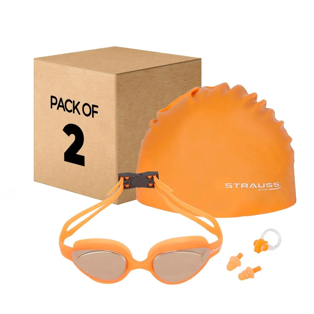 STRAUSS Swimming Goggles Set with UV and Anti Fog Protection | Swimming Kit of Goggles,Cap,Earplug & Nose Plug Set - Ideal for All Age Group | Pack of 2