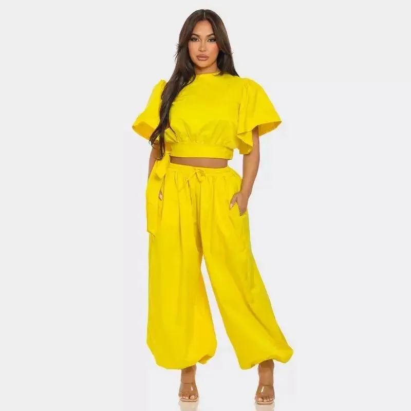 Women's Set O-neck Belt Short Flare Sleeve Crop Top and Pants Suits Street 2024 Two 2 Piece Set Outfit Tracksuit